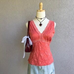 Vintage Y2K Coral Lace Babydoll Tank Top Size Medium Boho Festival Preppy